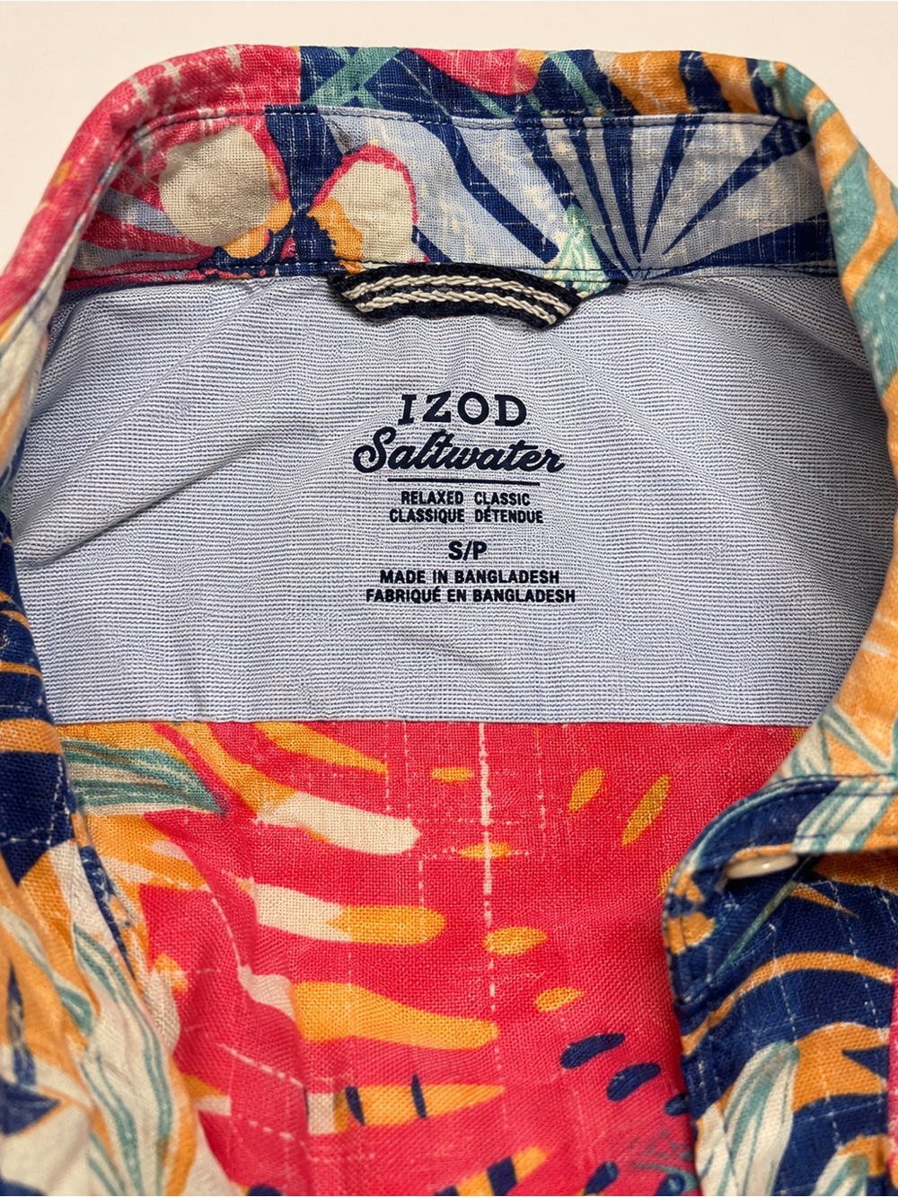 Izod Men's Short-Sleeve Tropical Button-Up in Blue, Pink & Tan - Picture 3 of 5